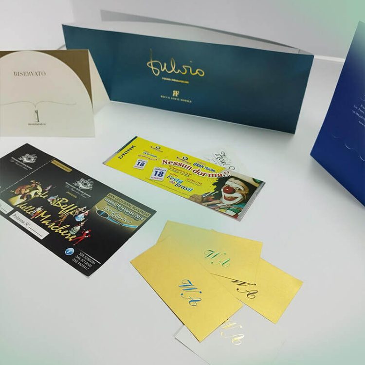 biglietti, inviti, biglietti da visita nobilitati con stampa a caldo in oro o latri colori